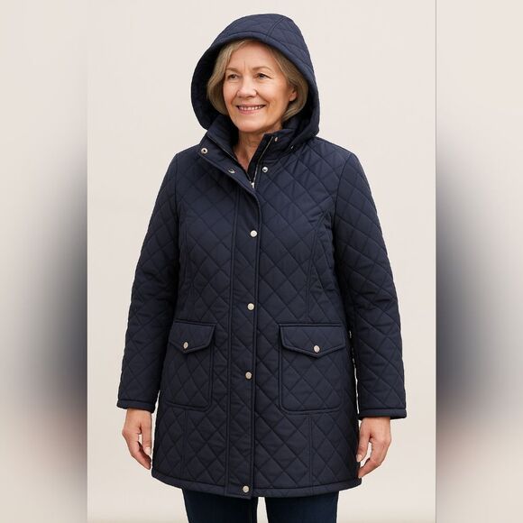 Larry Levine Eggplant Quilted Hooded Puffer Coat L L/S Snap Front Warm Winter Ja - Picture 1 of 11